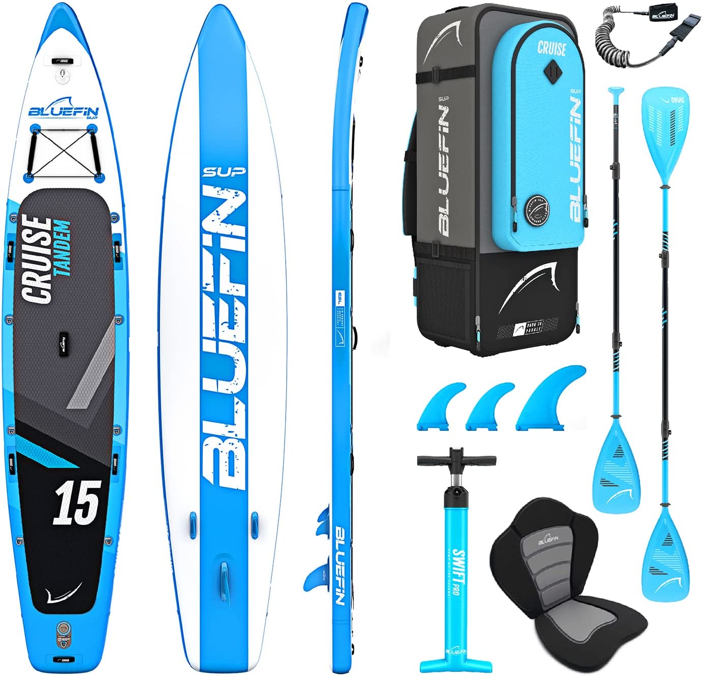Paquete de Sup Bluefin Cruise | Tabla de Paddle Surf Hinchable | Remo de Fibra de Vidrio | Kit de Conversión a Kayak | Accesorios Completos | 5 Años de Garantía | Varias Medidas: 10’8, 12’, 15