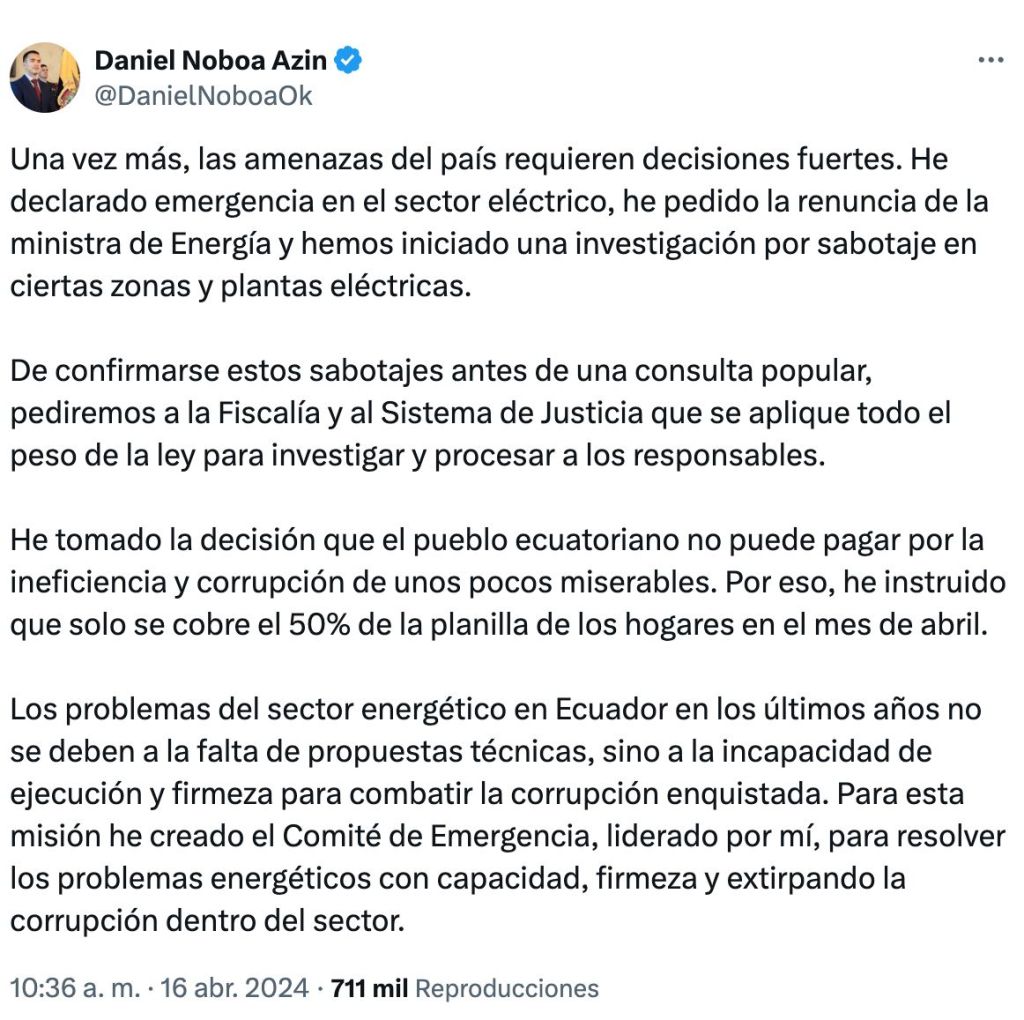 La declaración de emergencia del presidente de Ecuador.