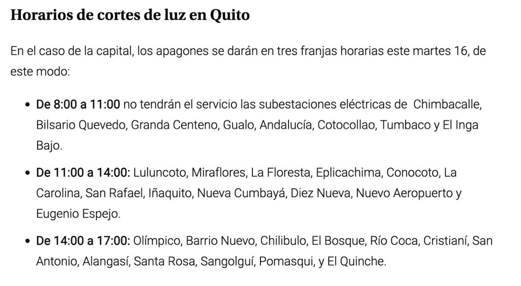 Los horarios de cortes de energía en Quito, Ecuador.