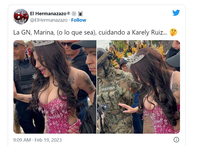 Elementos de la Marina custodian a Karely Ruiz en Carnaval de Guaymas