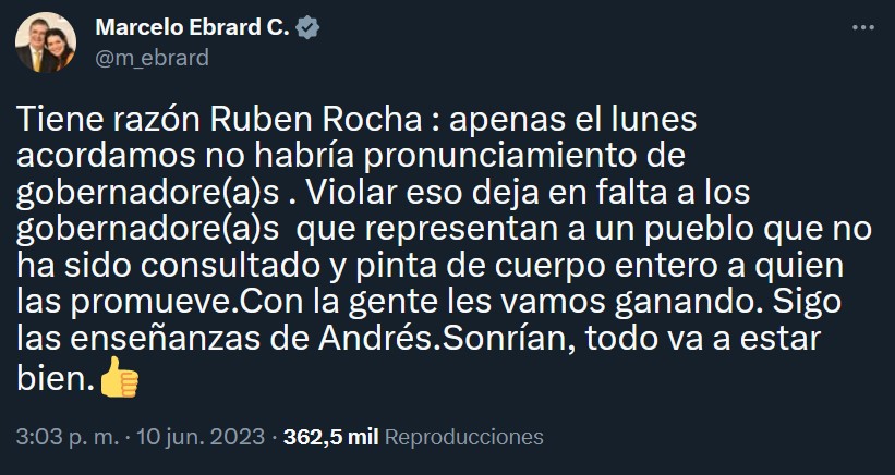 Ebrard critica apoyo de gobernadores a Sheinbaum