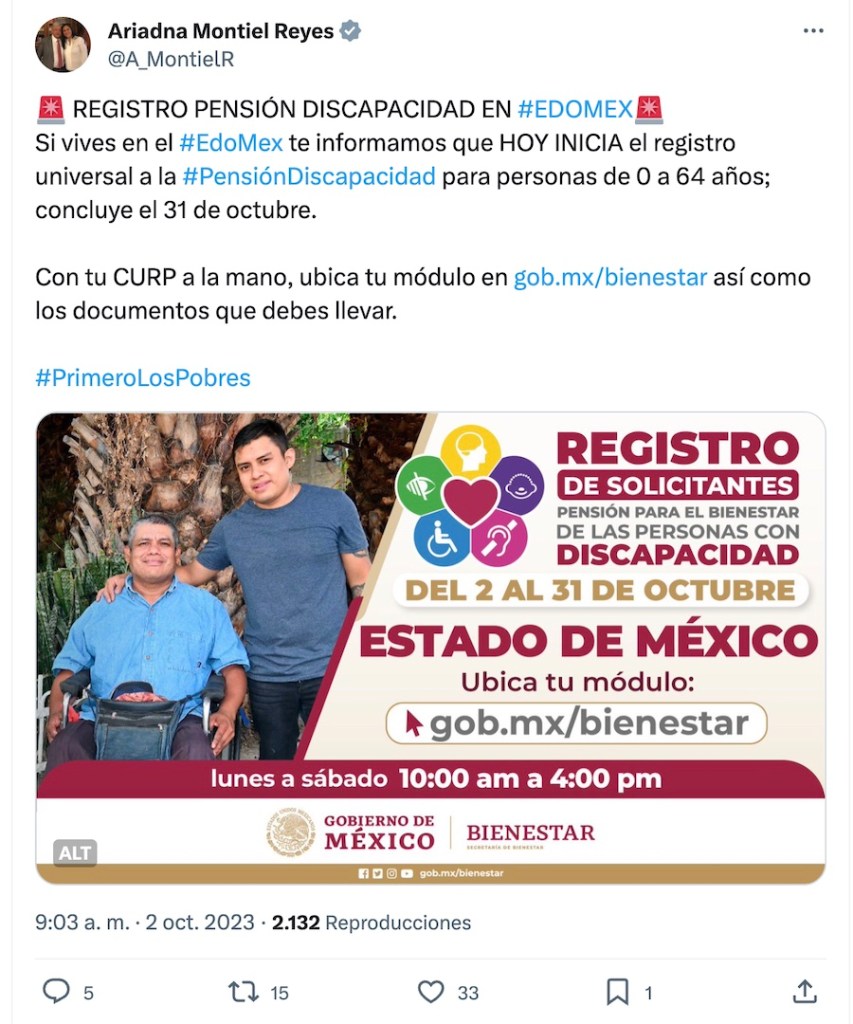 Fechas y trámite de la pensión para personas con discapacidad en Edomex